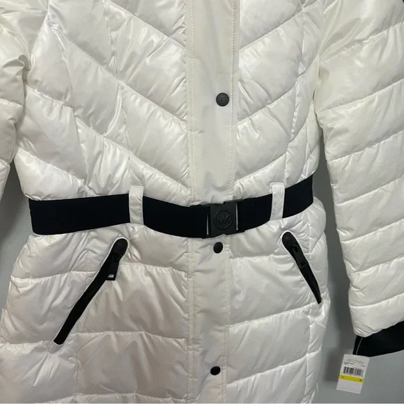 Michael Kors Hooded Puffer Jacket In White W/ Black Details New - Duplicate